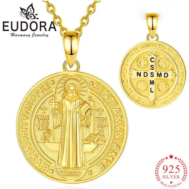 Eudora 925 Sterling Silver Saint Benedict Naszyjnik 18K Złoty Krzyż Amulet Religijny Wisiorek Wykwintna Biżuteria dla Mężczyzn Kobiety