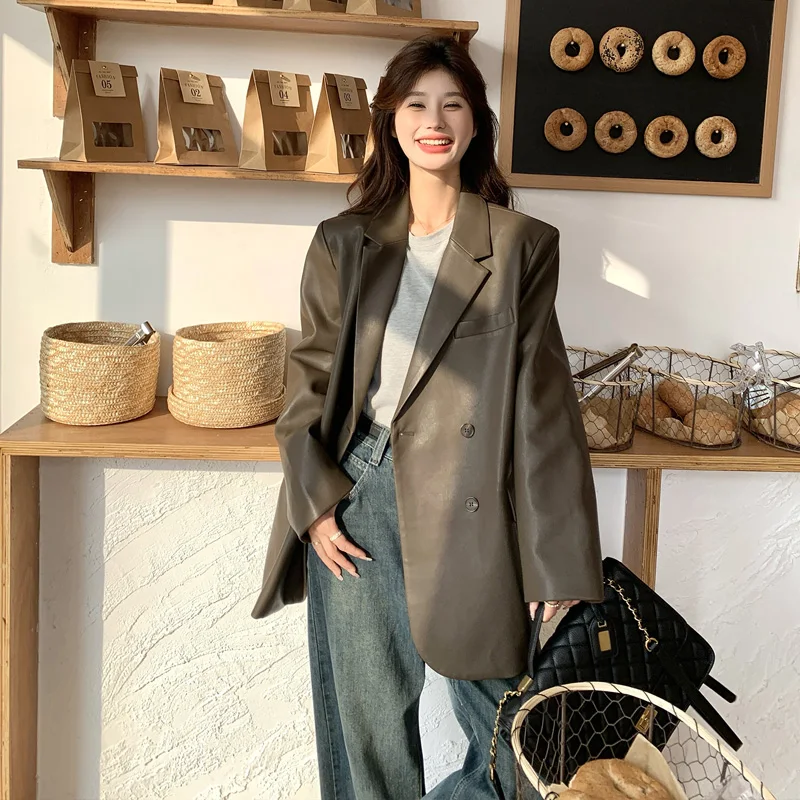 미국 빈티지 가죽 코트 블레이저 여성 2024 봄과 가을 새로운 하이 센스 튀긴 거리 느슨한 캐주얼 PU 가죽 세트