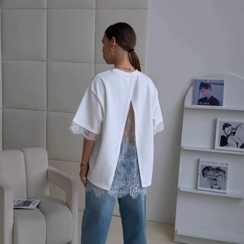 Casual Lace Patchwork Women's T-Shirt Short Sleeve O-Neck Loose Back Split Lady Shirt 2026 Spring Summer Fashion Female Top New 1