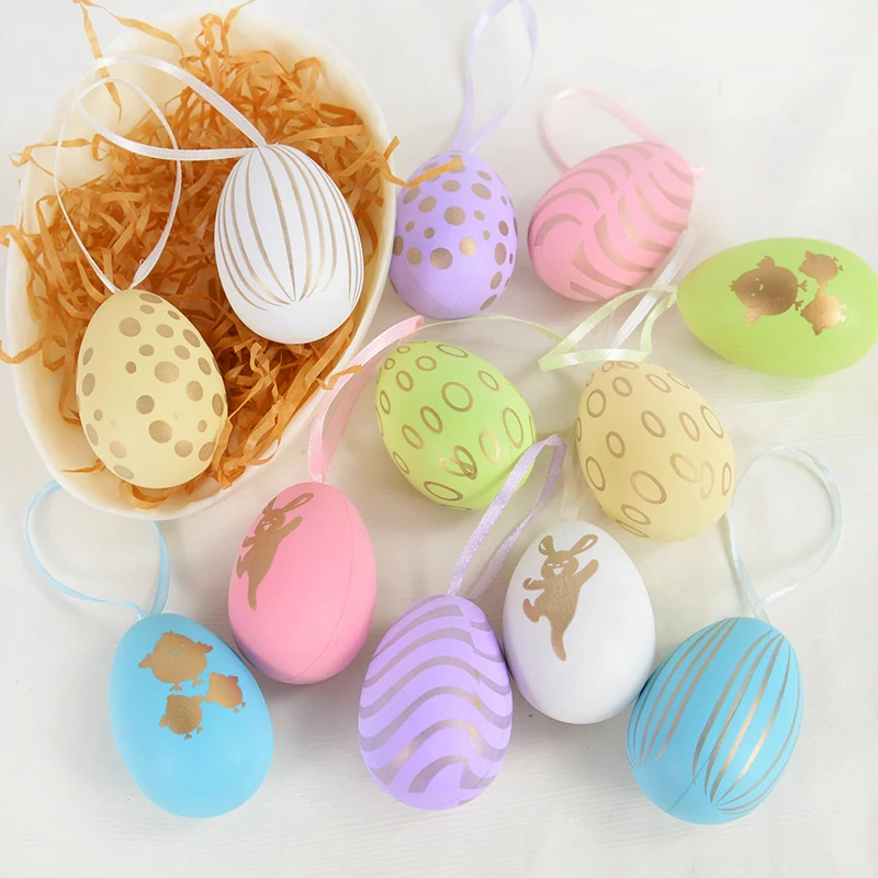 12pcs Plastic Easter Eggs Rabbit Chick Painted Hanging Pendant DIY Crafts for Easter Party Home Decoration Supplies Kids Gifts