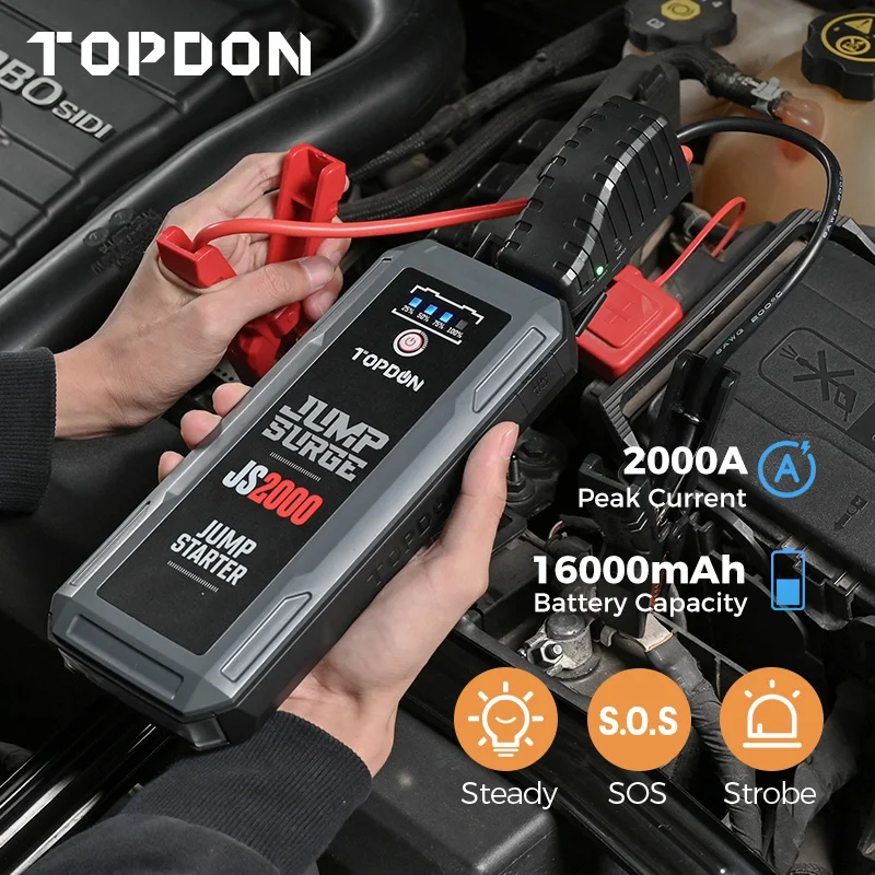 Hotdeals :: TOPDON JS2000 Auto Starthilfegerät, 16000mAh Tragbares Starthilfe  Powerbank für bis zu 8L Benzin/6L Dieselmotoren, 12V KFZ Batterie Booster  Pack Jump Starter mit Starthilfekabel, Eingebaute LED Lampe