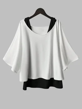 Women's Plus Size Batwing Sleeve Casual Tops Fake Two-Piece Loose Fit Blouse 1