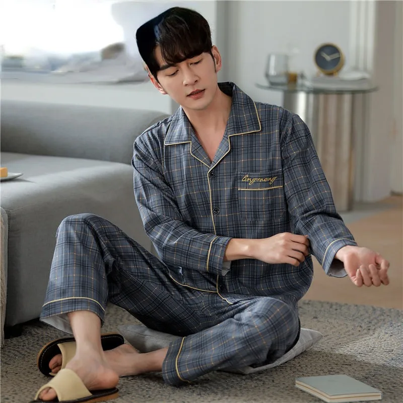 men s spring autumn pajamas boys cotton long sleeves trousers sleepwear suits casual plus size loungewear set youth loose pyjama Youth 100% Pure Cotton Pajamas Set Men's Spring Autumn Long Sleeve Lapel Loungewear Outfit Boys Plus Larege Size Sleepwear Suits