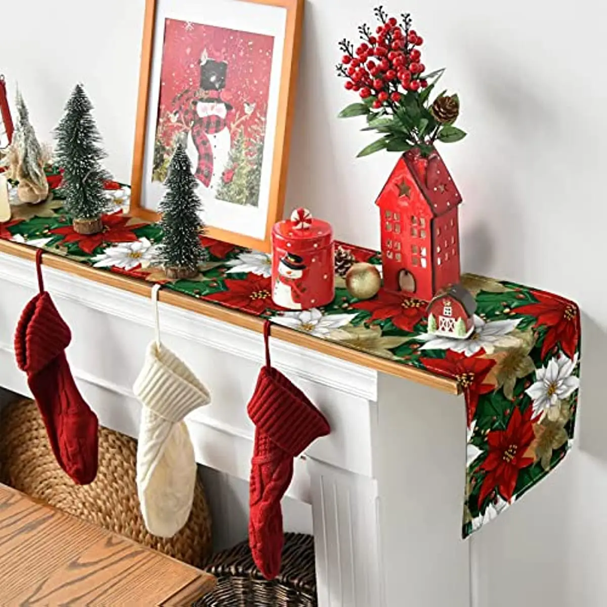Christmas Poinsettia  Table Runner Linen   Fake Kitchen Dining Decor for Indoor Outdoor Home Wedding Party