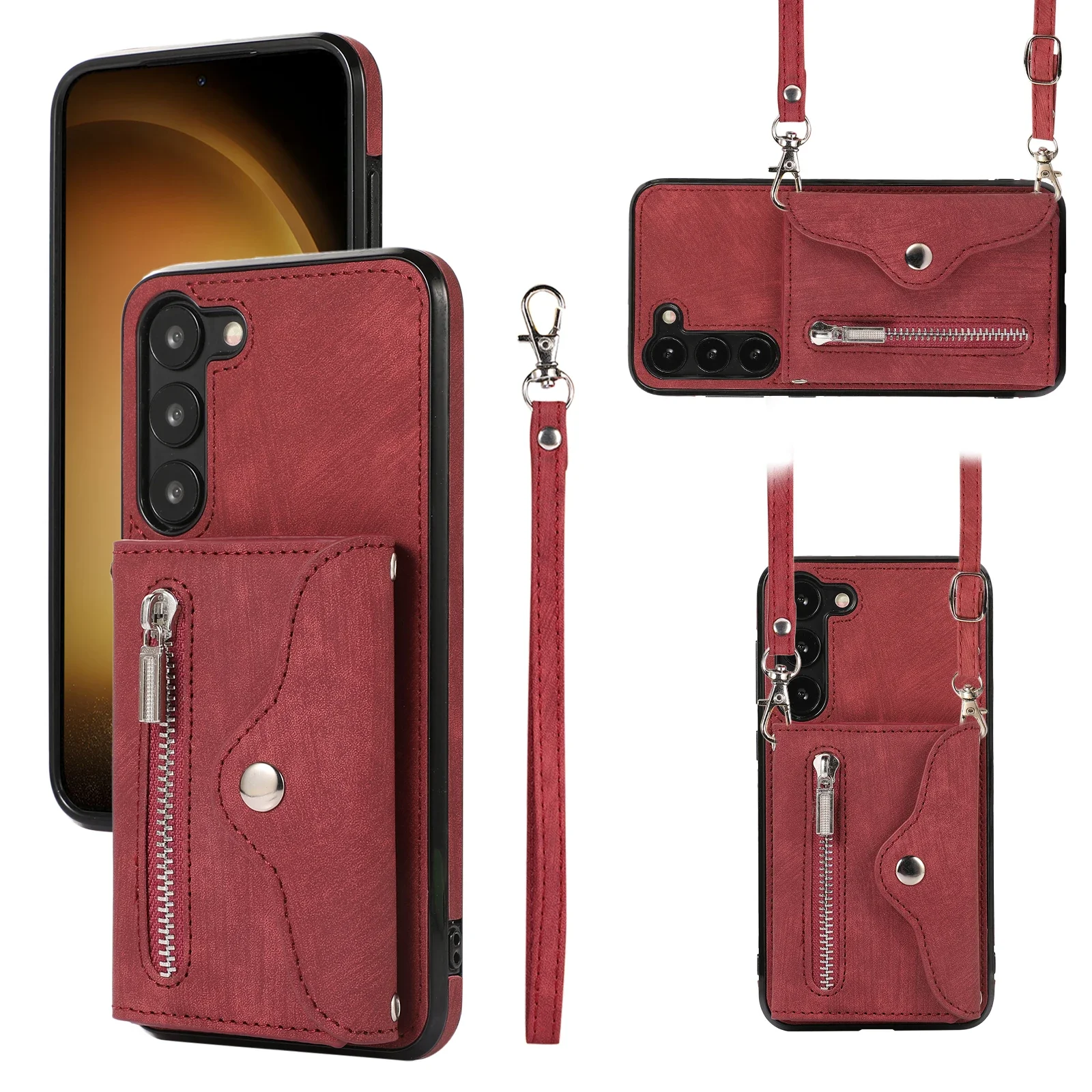 Elegant Crossbody Leather Zipper Wallet with Card Slots and Long Lanyard
