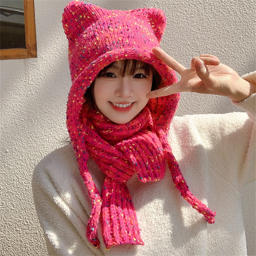 

2Pcs/set Knitted Caps and Shawls Color Thread Blend Woolen Warm Hats Cat Ears Windproof Ear Protection 2023 Clothing Accessories