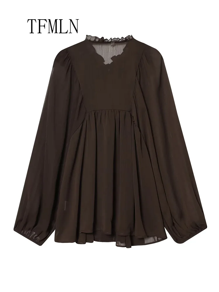 2026 Spring SummerOffice Ladies Loose Layered Blouses Elegant Women Long Sleeve Translucent Tops Single Breasted Ruffles Shirts