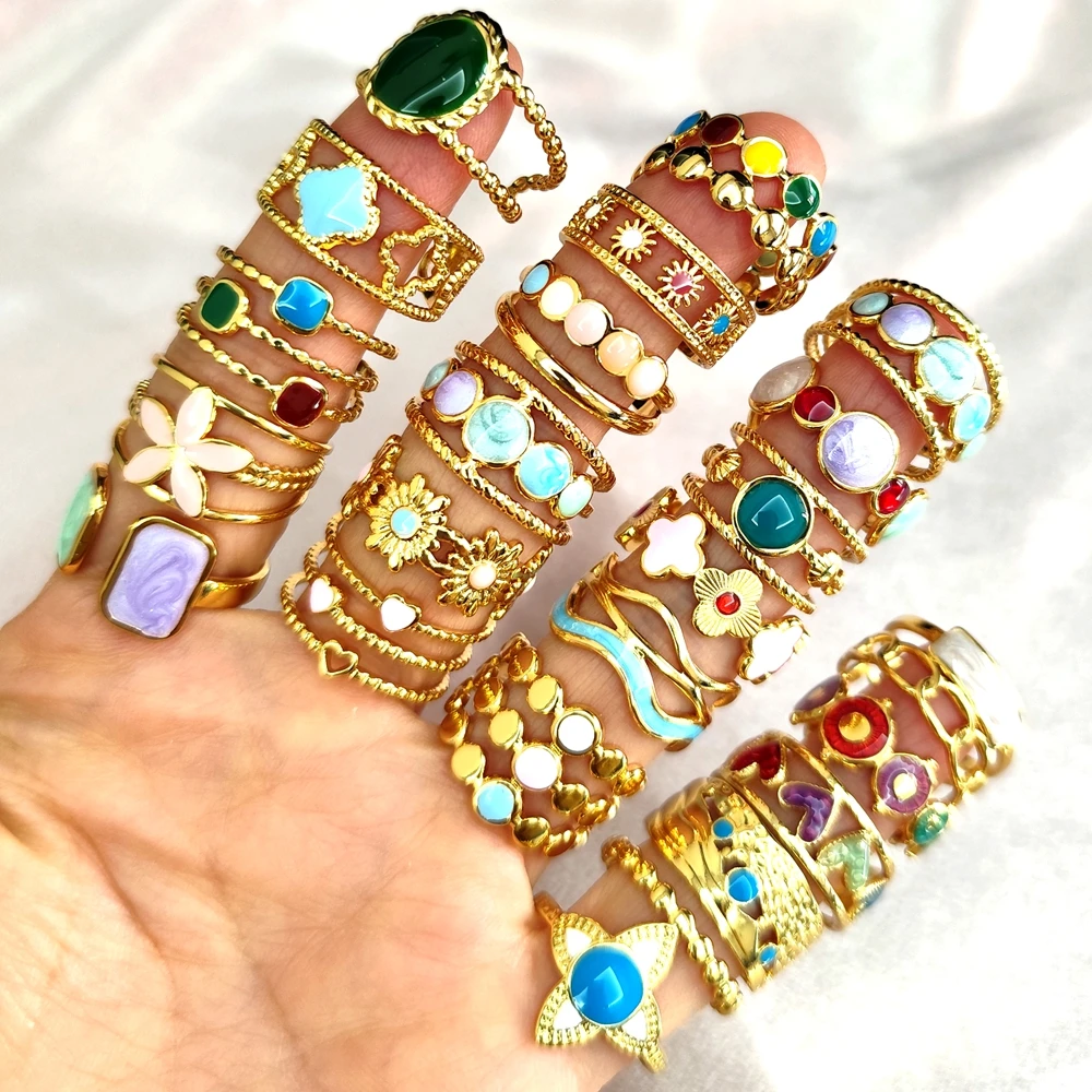 10Pcs 20Pcs Wholesale Women's Fashion Skeleton Rings Colorful Beads Charm Female Ring Stainless Steel Jewelry 3