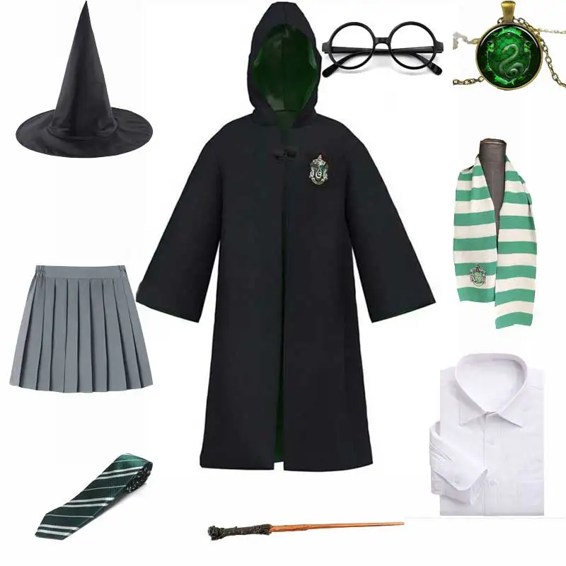 thumbnail image 1 of Uniforme escolar de bruja y mago para niños adultos, estilo Harris Potter, túnica, capa, bufanda, corbata, varita, collar, disfraz de Halloween, 1 of 5