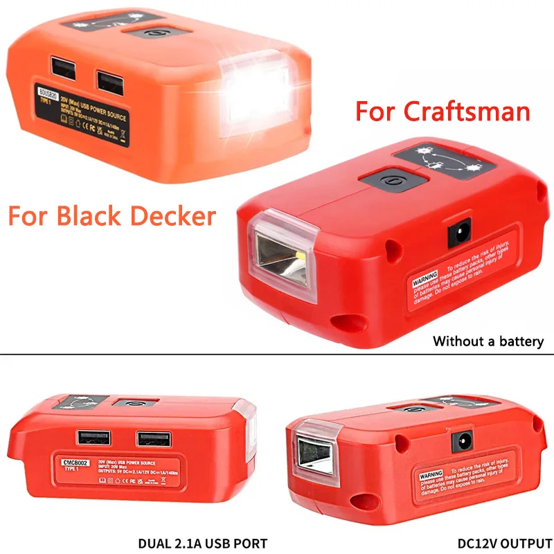 

Battery Adapter for Craftsman/ Black&Decker 14.4-20V Li-ion Battery Adapter with 140LM LED Work Light Dual USB Port Power Source