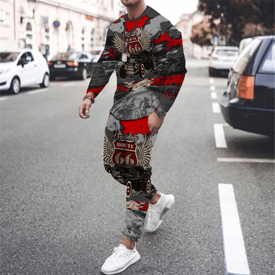 

Vintage Men's Tracksuit Set 66 Route Racing Printed Long Sleeve T-shirt Trousers2 Piece Fashion Jogging Suit Casual Streetwear