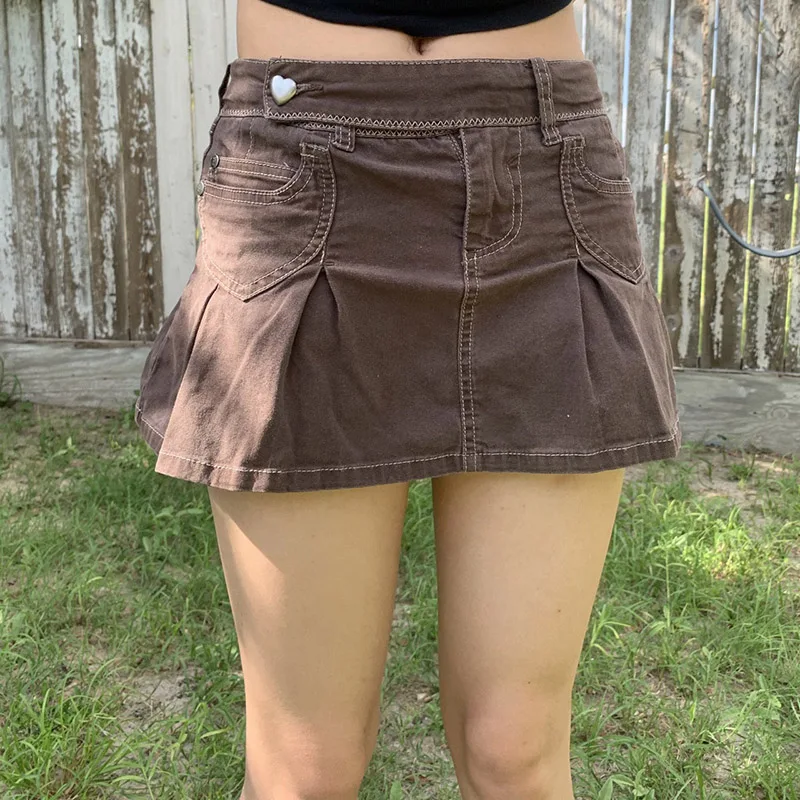 skirt top Low Waisted Denim Pleated Skirts Vintage Brown Pockets Mini Skirt Women Kawaii Harajuku Korean Preppy Style Clothesa  a154 satin midi skirt