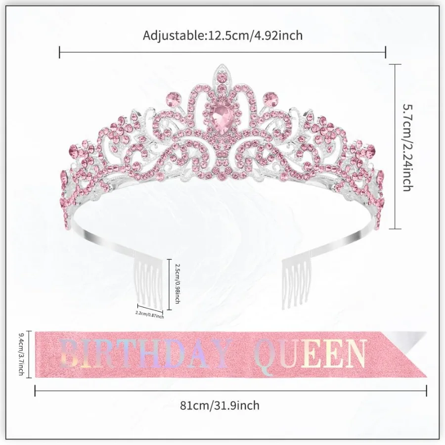2-teiliges Set Glitzernde Strass-Kristall-Krone Tiara Geburtstagsmädchen Königin Schärpe Krone für Frauen Mädchen Geburtstagsparty Dekorations-Set – Detail 6