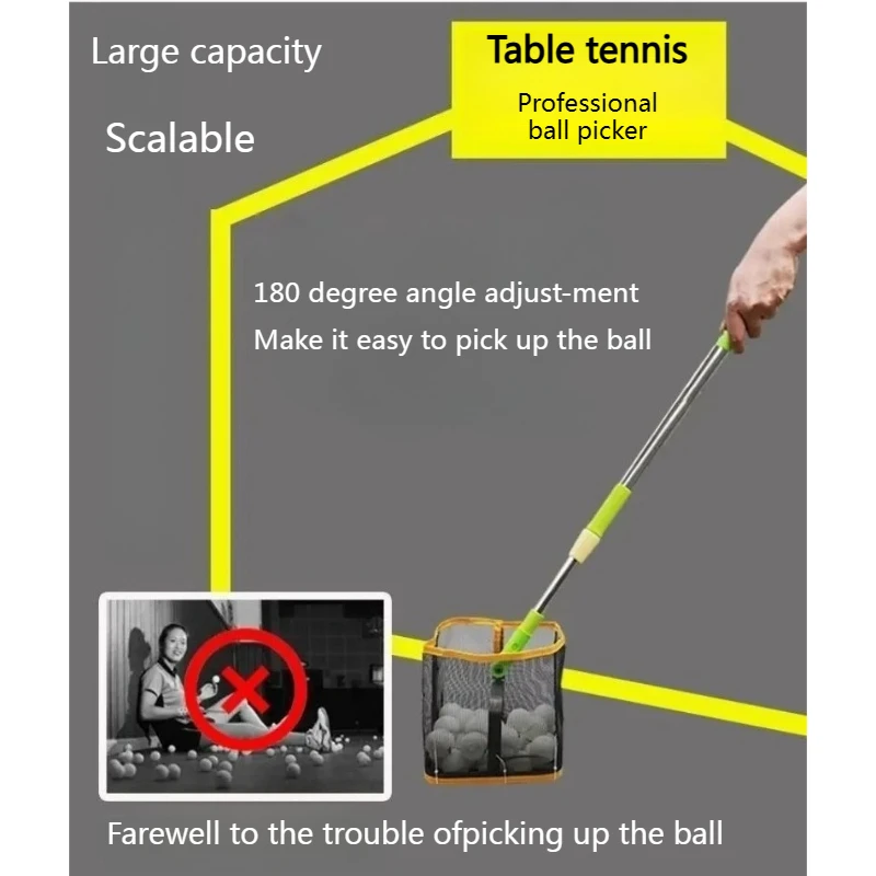 Telescopic Table Tennis Training Spring Net Ball Picker with Adjustable 180 Degree Direction Stainless Steel Ball Picking Basket