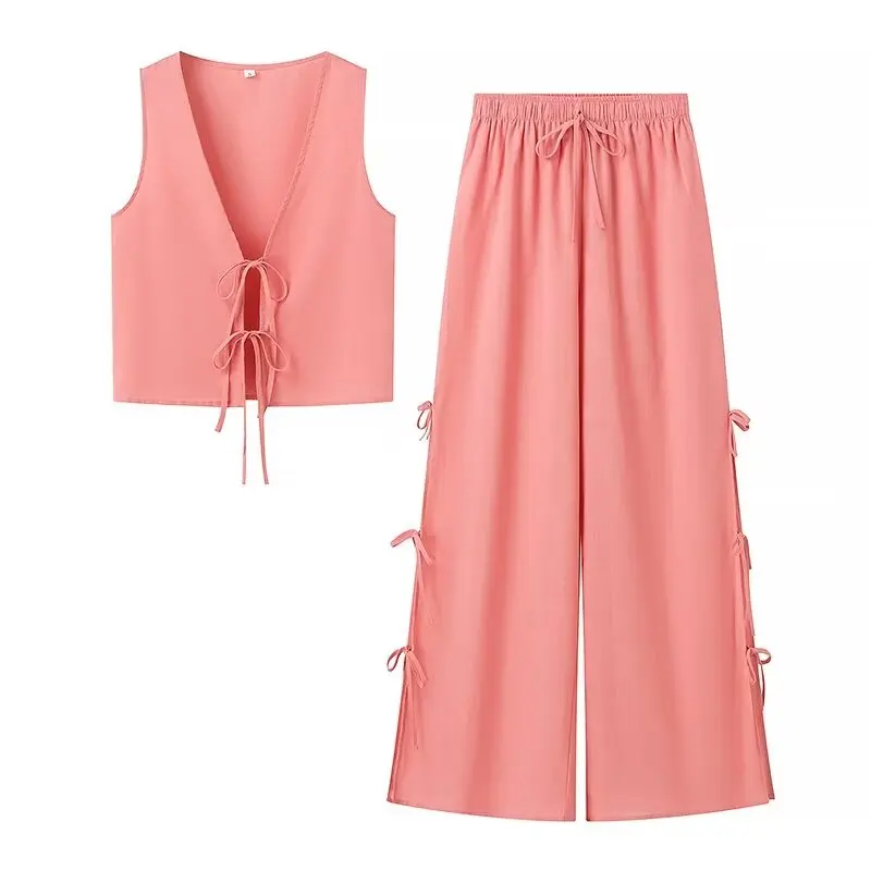 HH TRAF Conjunto de 2 piezas de verano para mujer, chaleco con lazo y cuello en V sin mangas de dos colores lisos y pantalón largo con cintura elástica para mujer