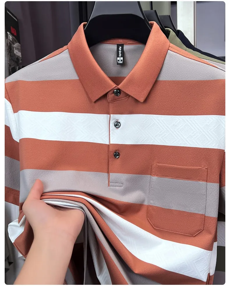 Hochwertiges Herren-Poloshirt mit kurzen Ärmeln, modisch gestreift, farblich abgesetzt, luxuriös, Sommer-Neuheit, lässig, atmungsaktiv, T-Shirt – Detail 5