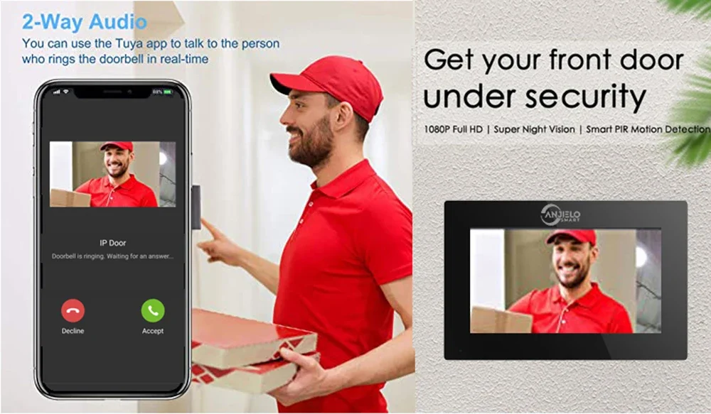 ANJIELO Fingerprint 5in1 Unlock Doorbell Video Intercom System for Home Visual D