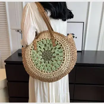 Borsa Rotonda Estiva in Paglia Intrecciata a Mano, Stile Bohemien, per Donna, Casual, da Spiaggia, per Vacanze, Cesto in Fibra Ecologica, Arte in Fibra