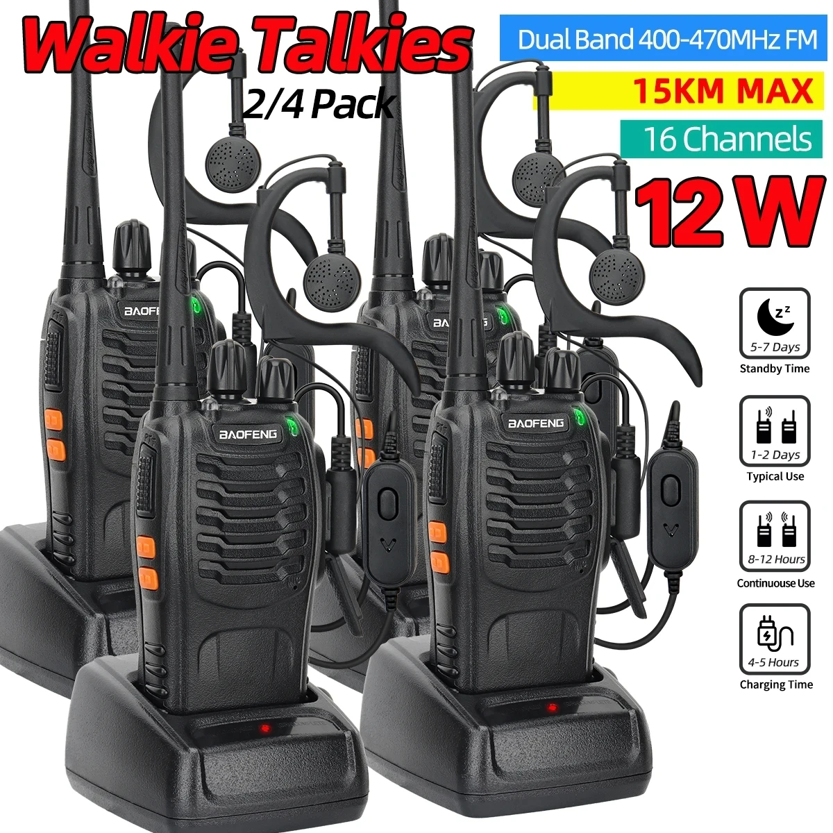 Baofeng-walkie-talkie piezas de doble banda, Radio bidireccional portátil de largo alcance, UHF, 400-470MHz, USB, 2/4 BF-888S, 12W