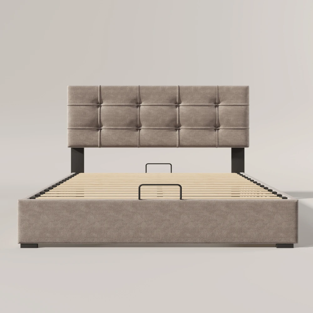 Hydraulisches Doppelbett, gepolstertes Bett 140 x 200 cm, verstellbares Kopfteil, mit Metallrahmengitter, Samt, Bettrahmen mit Stauraum – Detail 5