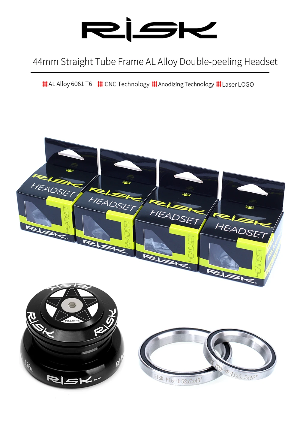 Description Picture 5 of itemRISK MTB Road Bicycle Headset 44mm 34/41/41.8/49.7/50.6/55/56mm for Bike 28.6mm 1 1/8 Straight 1.25-1.5" 1 1/4-1/2 Tapered Fork