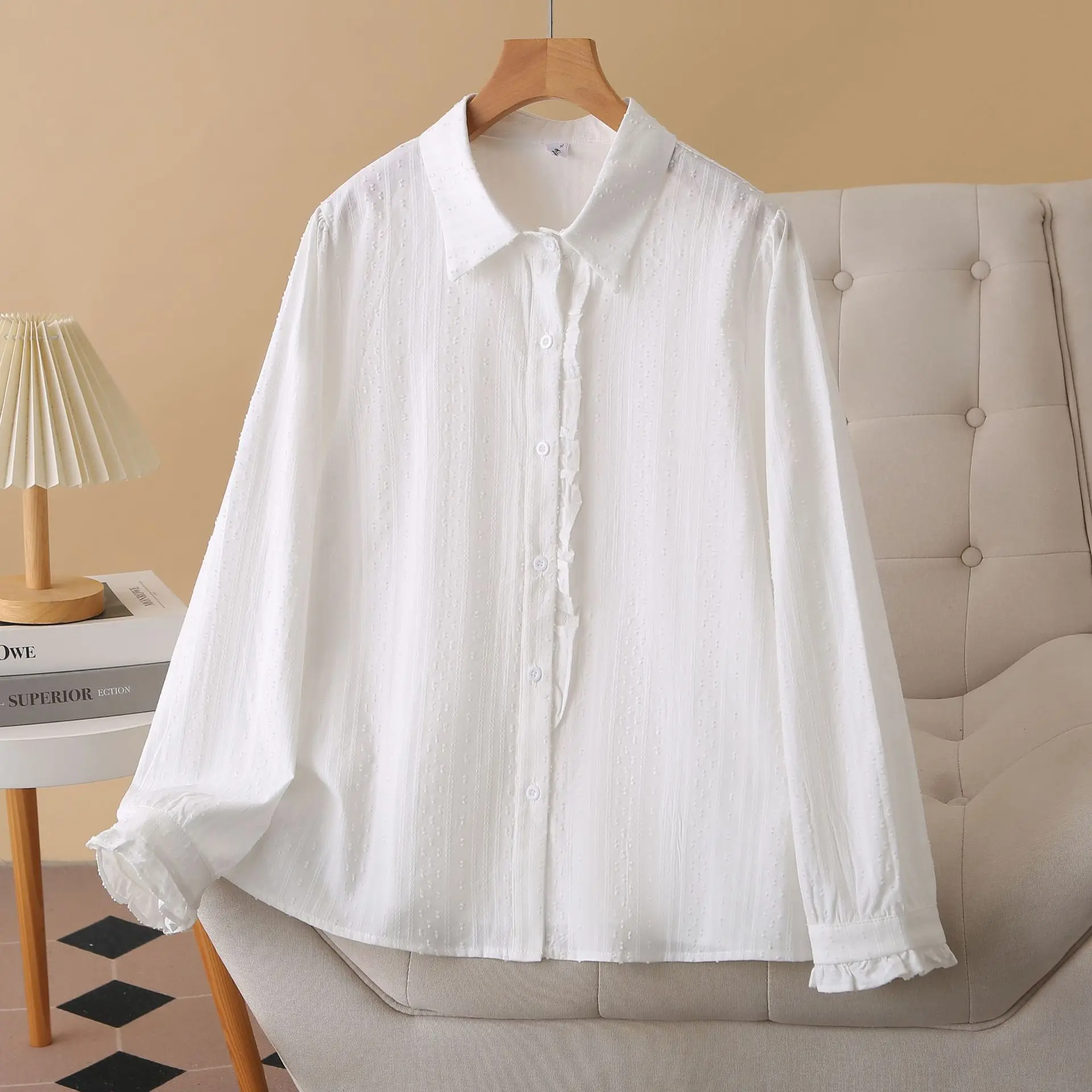 XXXXL Fashion Plus Size Women's Blouses Stylish Long Sleeved Cotton Jacquard Shirt With Ruffled Wear In Autumn 3073