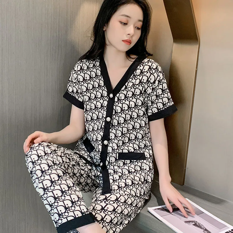 Summer Women's Thin Wall Cotton Pajamas V-neck Short Sleeve Cardigan Pants Oversized Loose Home Clothing Set Sweet Sleepwear