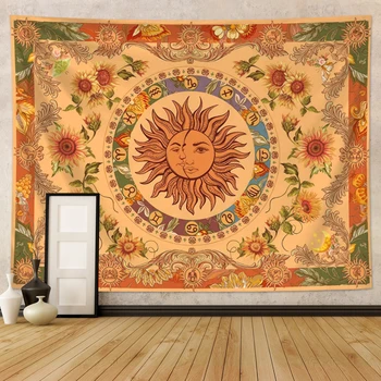 Tapisserie fantaisie soleil lune, tapisserie Simia ondulée ethnique rétro, tenture murale esthétique Constellation tournesol 1 pièce 1
