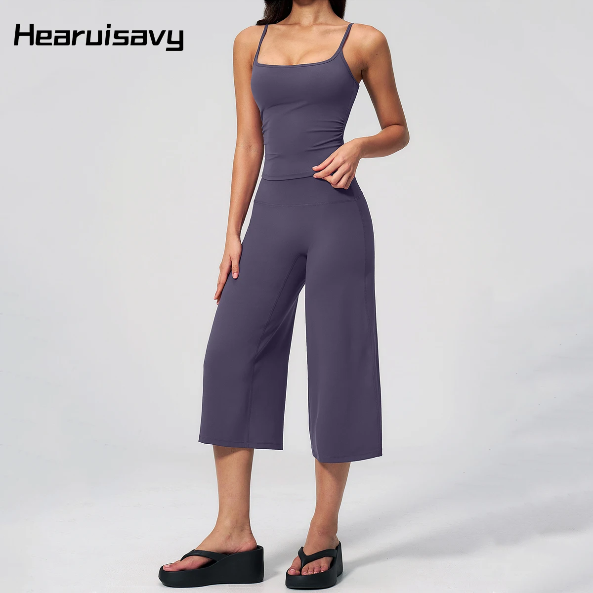 Hearuisavy 2Pcs Women Workout Set Shock Proof Push Up Yoga Vest High Waist Wide Leg Casual Capri Quick‑Dry Activewear Gym Suit