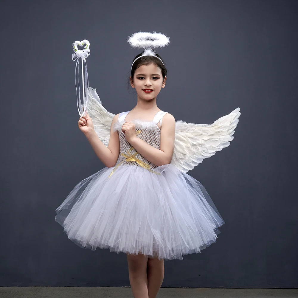 White Angel Heaven Christmas Fancy Dress Up Costume For Girls Cosplay Halloween Party Tutu Dress Princess Fairy Kids Outfit