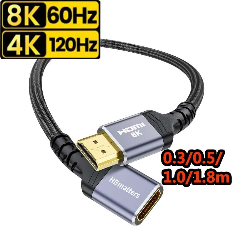 Ultra High-Speed HDMI 8K Extension Cable - Braided Male to Female Cord, Supports 8K@60Hz and 4K@240Hz