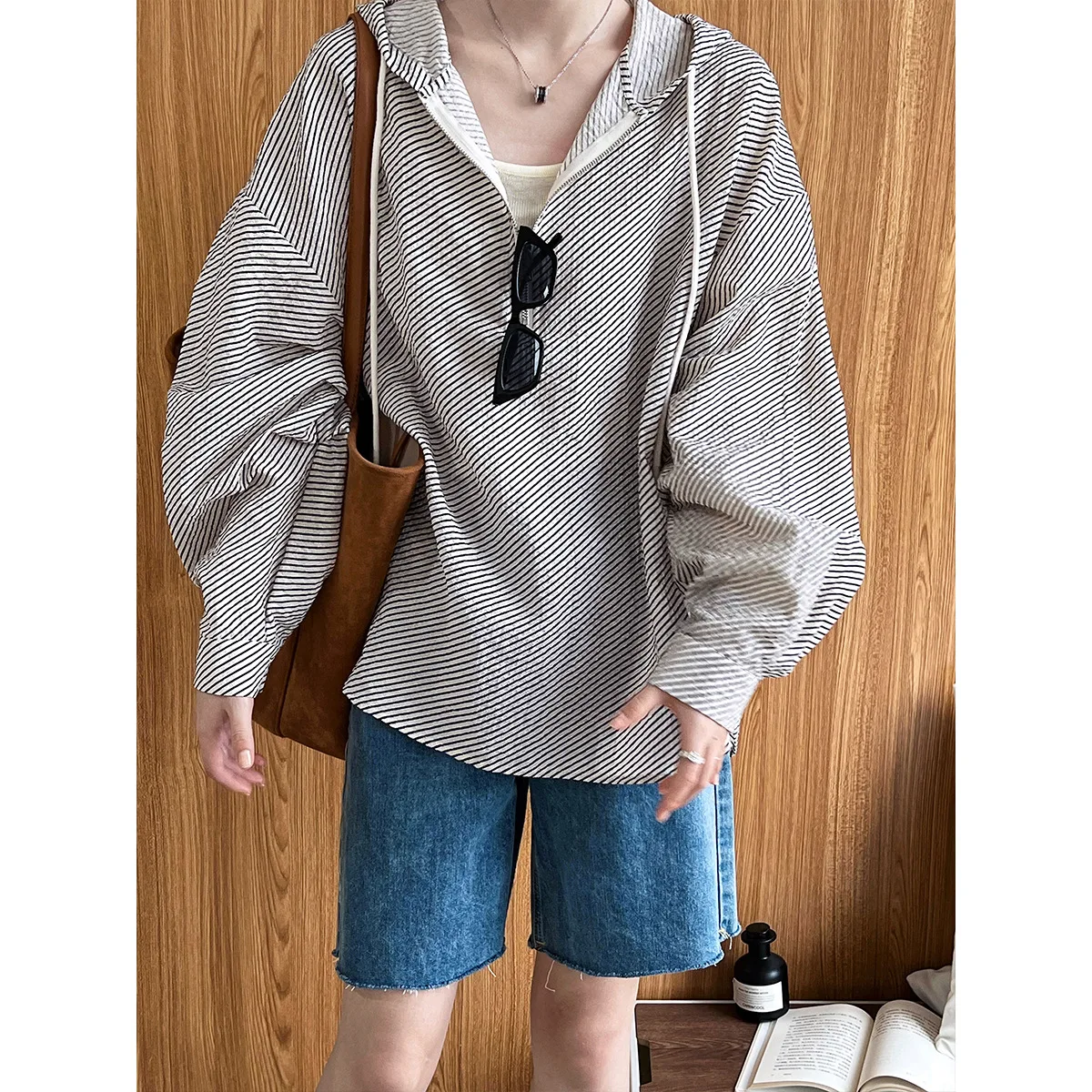 

Lazy style striped casual hooded shirt women's design sense half zipper thin section breathable sun protection top