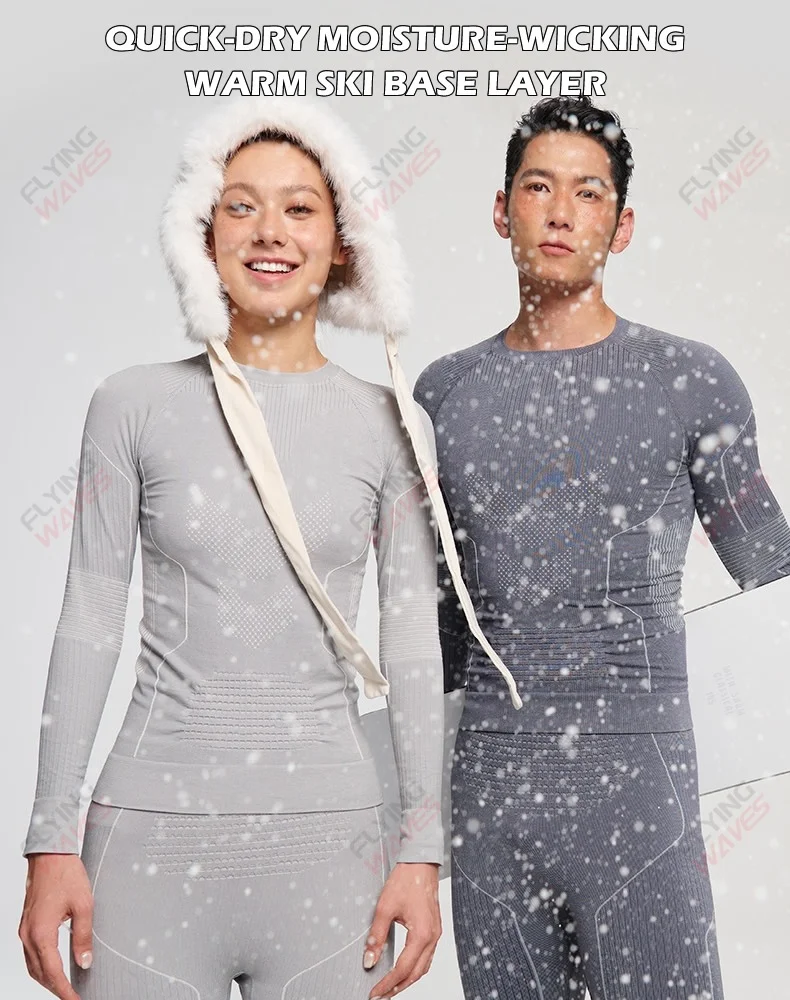 Schnell trocknendes Ski-Thermo-Woll-Basisschicht-Set für Männer und Frauen, Winter, Outdoor, Wandern, sportlich, funktionelles Trainingsanzug-Unterwäsche-Set – Detail 1