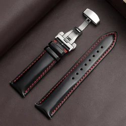 Premium Waterproof Leather Wristband with Butterfly Clasp and Handmade Stitching - 22mm (Black Red)