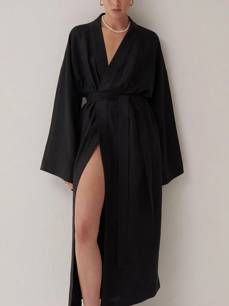 Linad Black Robes For Women Casual Long Sleeve V Neck Sleepwear Loose Bathrobe Female Autumn Fashion Nightwear Solid Pajamas