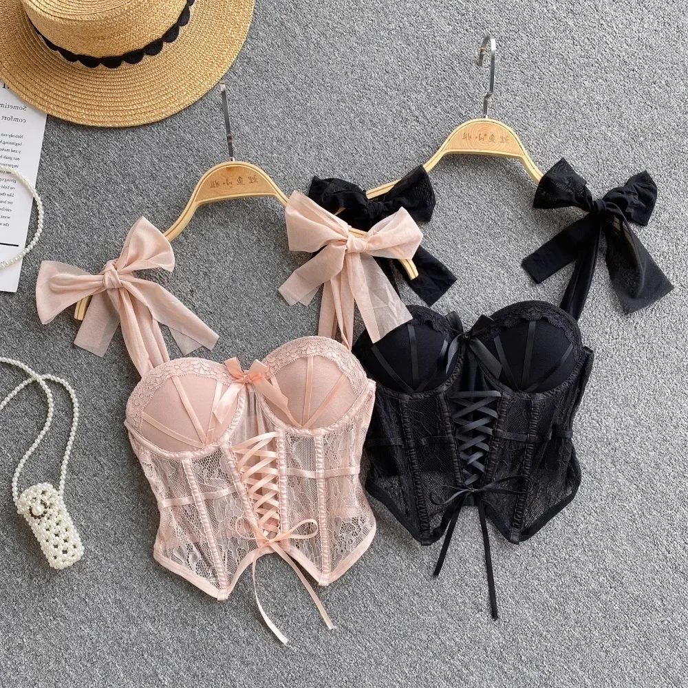 Spaghetti Strap Tank Top for Women Strapless Build in Bra Lace Patchwrok Tulle Bow Camis Summer Casual Female Camisoles women camisole tops