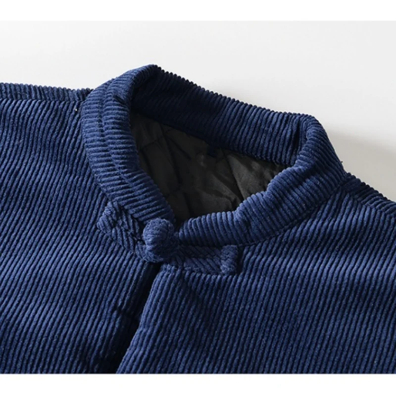 Winter Men's Traditional Chinese Warm Cotton Padded Jacket Long Sleeve Corduroy Tang Suit Stand-Up Collar Kung Fu Outerwear 2