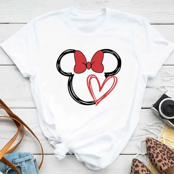 New T-shirts for Women Fashion Heart Minnie Print Unisex T Shirt Y2K Streetwear Clothes Kawaii Mouse Head T Shirt Female Tops 1