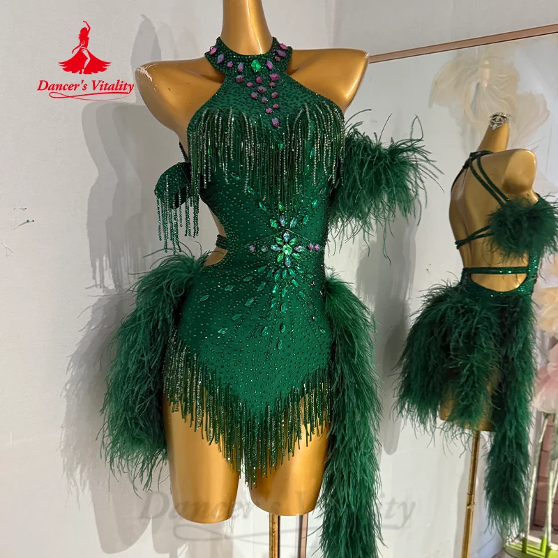 Dance Dress Emerald Green Tassel Dress Hunter Green Illusion