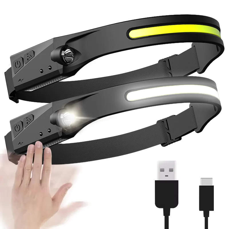 Head Lamp Induction COB LED Sensor Built-in Battery USB Rechargeable 5 Lighting Modes Headlight