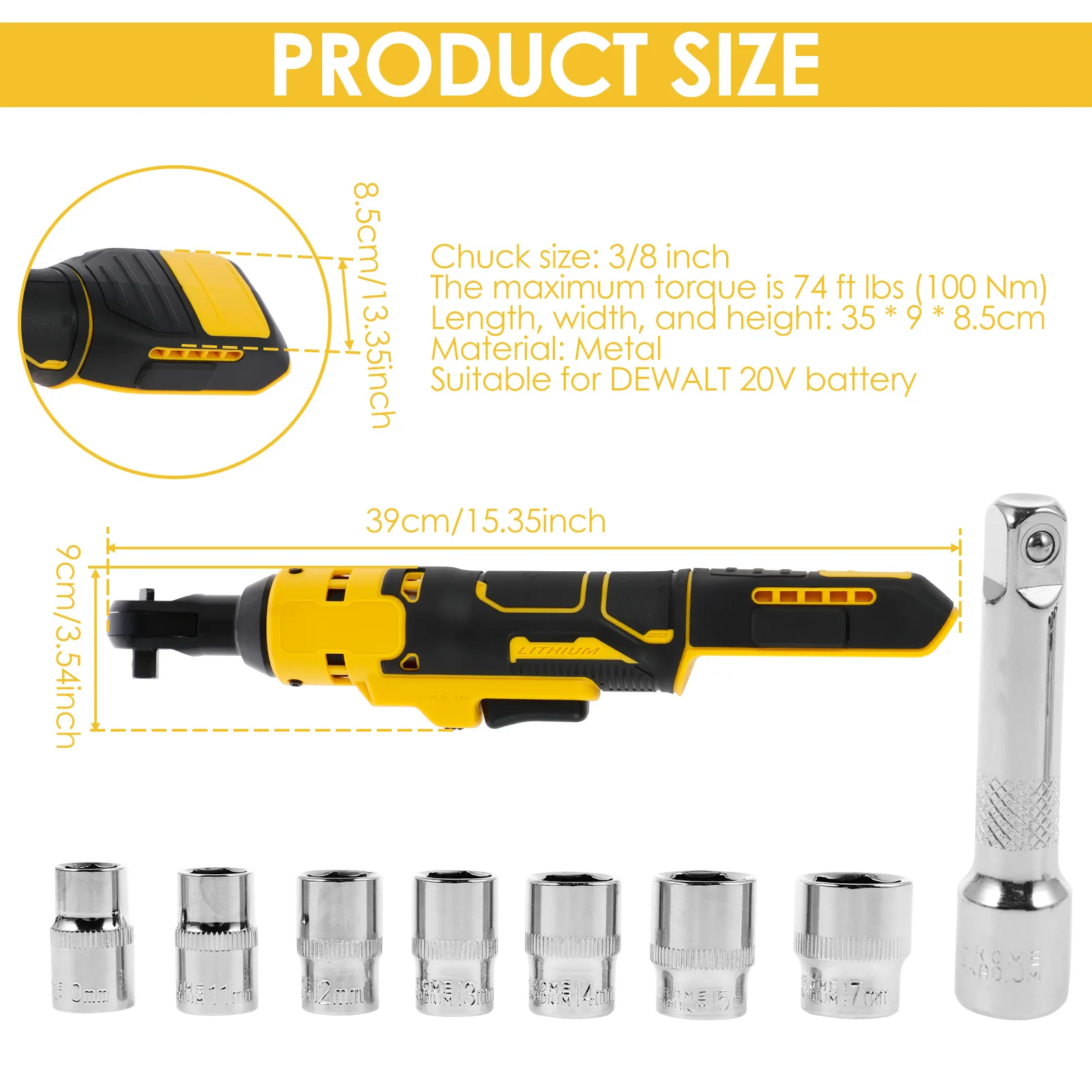 3/8" Cordless Extended Ratchet Wrench - 6-Inch Neck For DeWalt 20V Batteries (Tool Only)