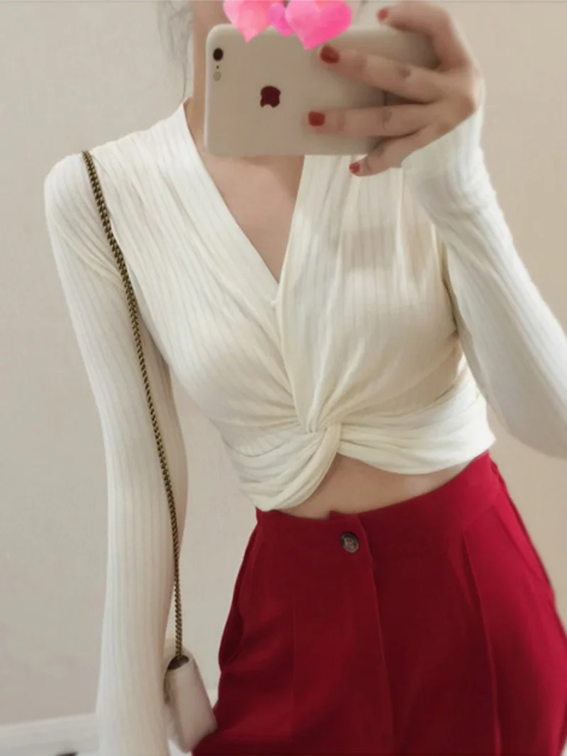 

Sweet Summer Tees Thread Cotton Short Slim V-neck Twist Top T-shirt Fashion Korean Women Tops Bow K090