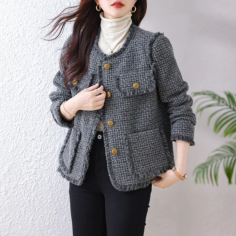 

Korean Fashion Plaid Tweed Jacket Women Gray Round Neck Tassel Coat Autumn Single Breasted Office Lady Outwear Jacket