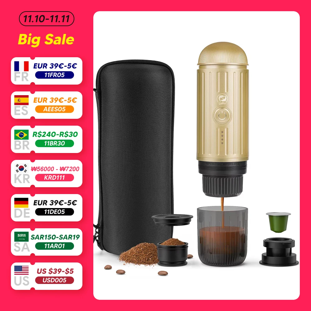 2in1 Portable Espresso Coffee Maker Machine Automatic Italian for Car & Home Compatible with Nexpresso Pod Capsule Coffee Powder