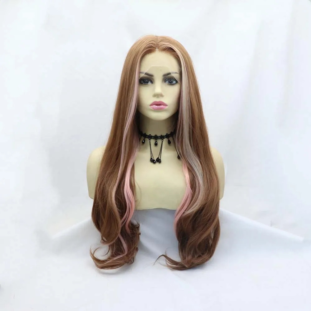 

Sylvia Wigs melody wig Caramel Color Synthetic Blonde/Pink Lace Front Wigs For Women Hair Long Natural Wavy Heat Resistant Fiber