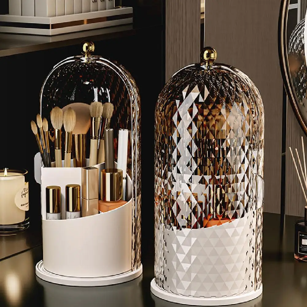 360° Rotating Makeup Brush Holder with Lid Desktop Makeup Organizer Cosmetic Storage Dustproof Brush Holder Jewelry Container 2
