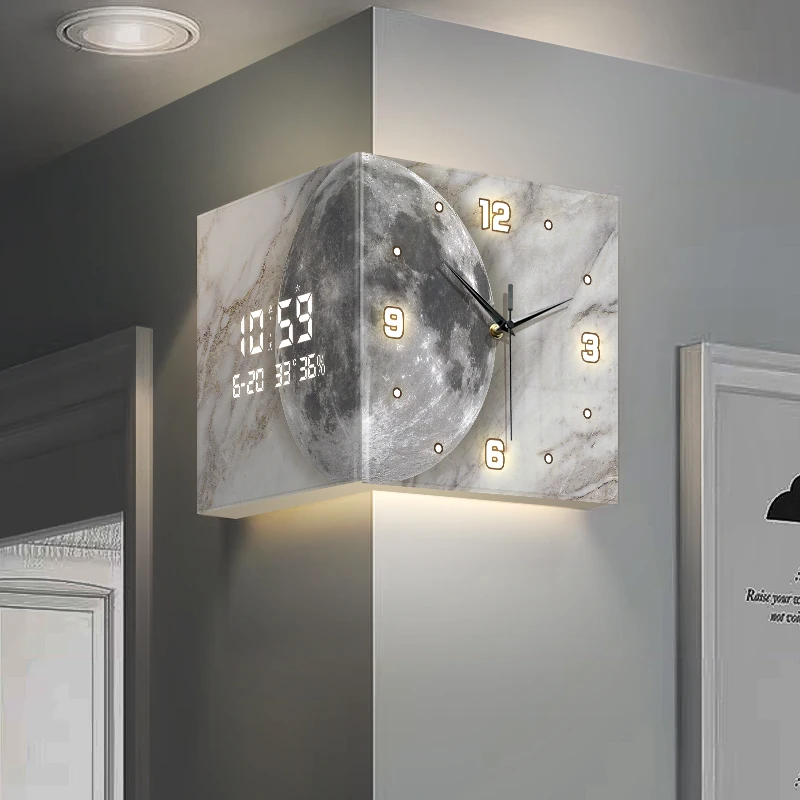 New Living Room Double sided Wall Clock Creative two face Clock Wall Light Lunar Corner Clock No Hitting Kong Digital Clock 4