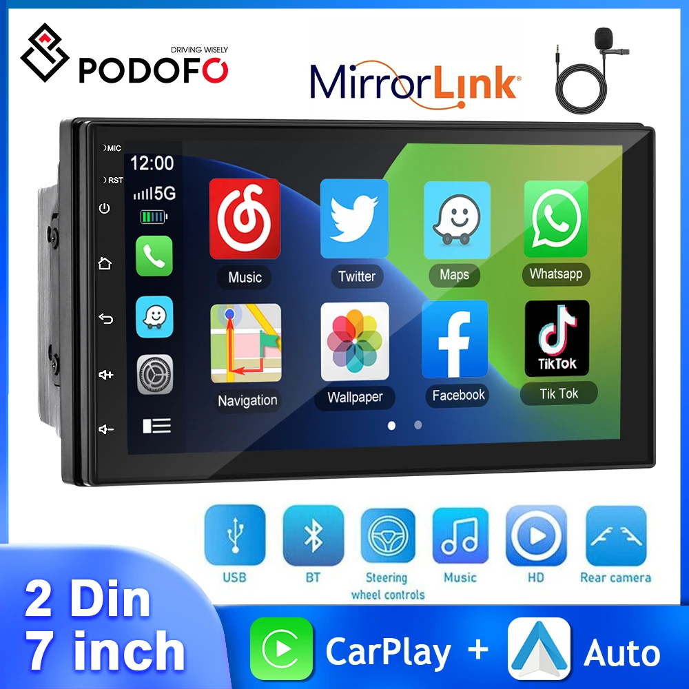 Podofo 2 Din Car Stereo Radio 7'' Touch Screen D-Play Car Multimedia Player Carplay Android Auto Bluetooth FM Radio Receiver