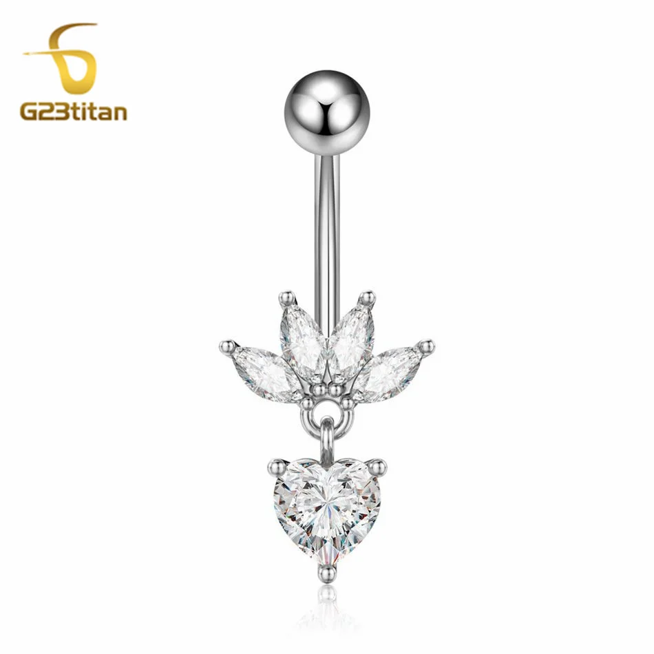 Belly Button Ring Jewelry G23titan Silver Color Lotus Flower Heart Shape Pendant Belly Ring 14G Medical Titanium Curved Barbell Navel Piercing Jewelry