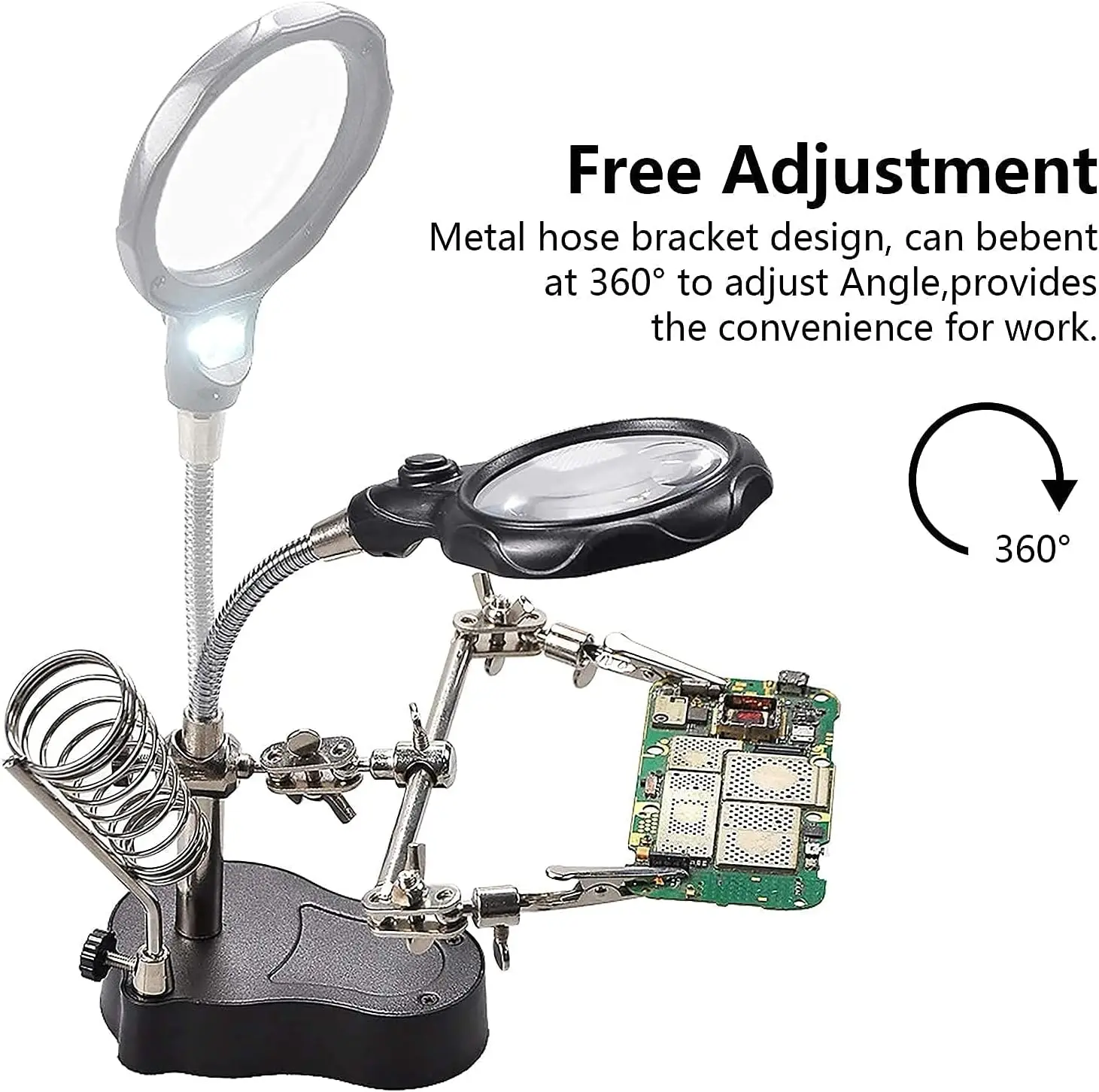 Desktop Magnifying Glass Soldering Station Adjustable Helping Hands 3.5X 12X Magnifier with LED Light and Alligator Clips